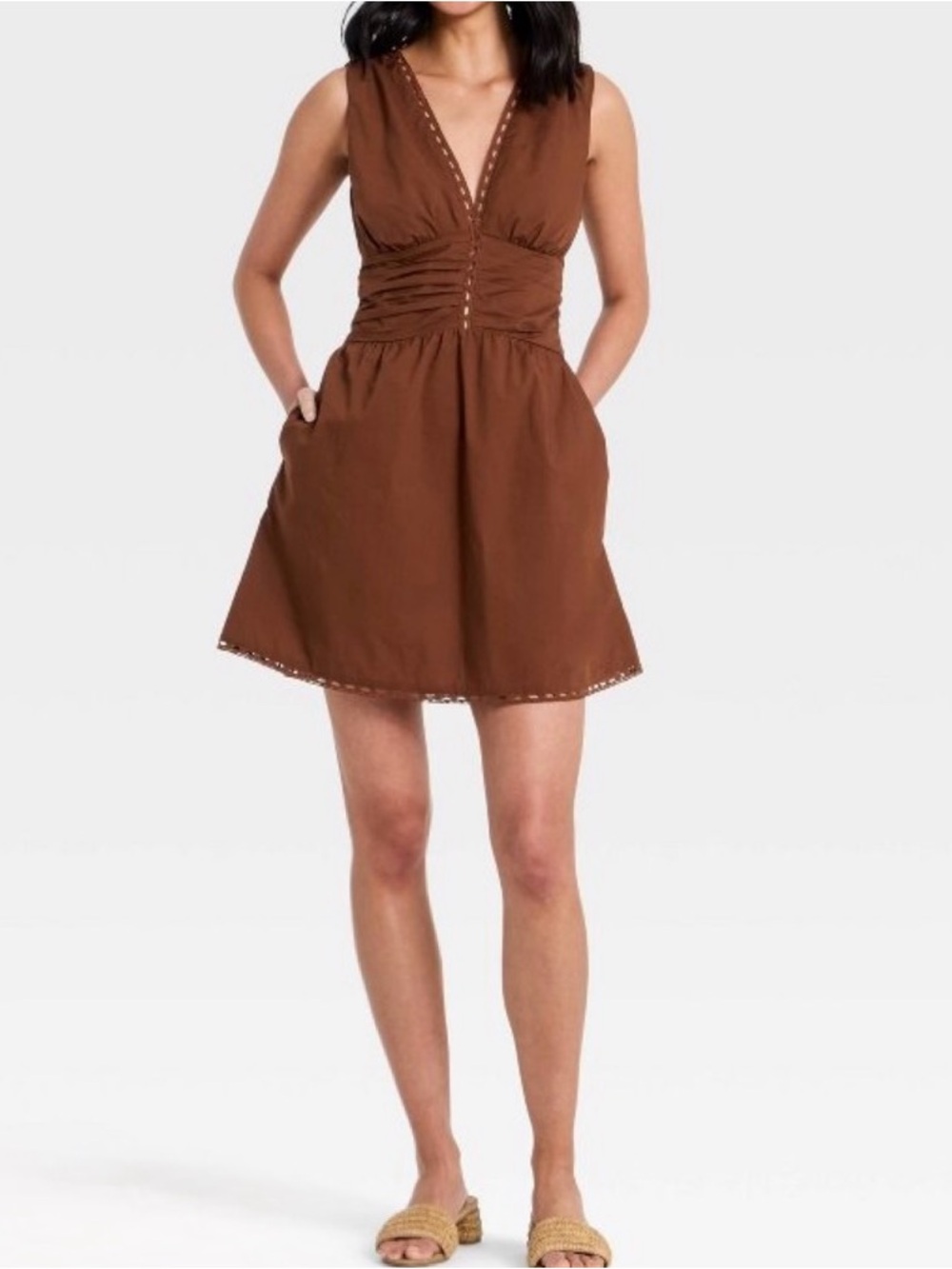 a new day Brown V-Neck Sleeveless Ruched Waist Dress
